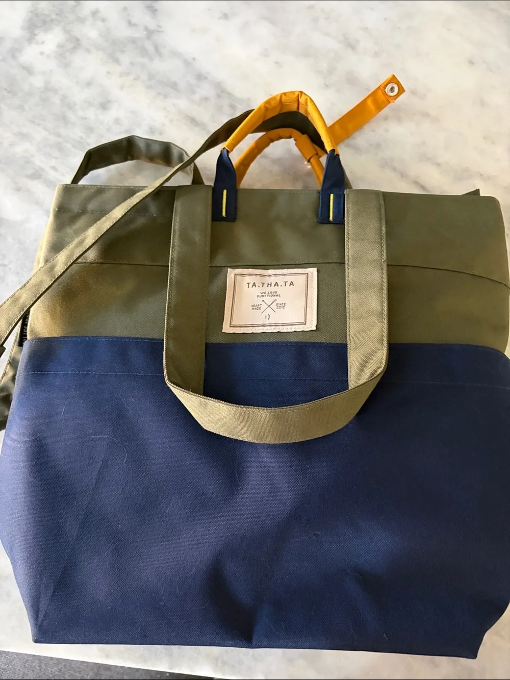 Olive & Navy Canvas Tote Bag with Yellow Accent